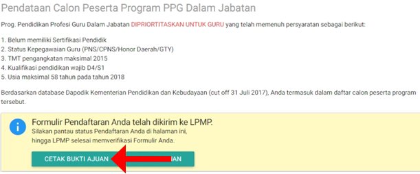 Cetak Bukti Ajuan Pendaftaran PPG